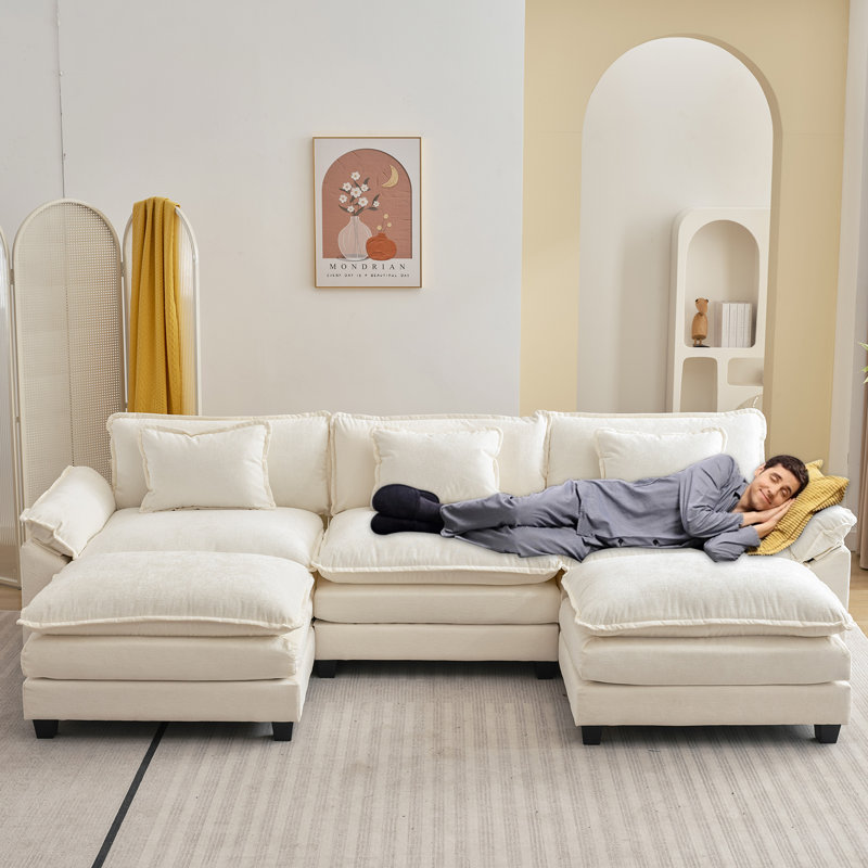 120 Comfy Cloud Couch U Shaped Sectional Sofa with Two Ottomans Latitude Run Body Fabric White Chenille